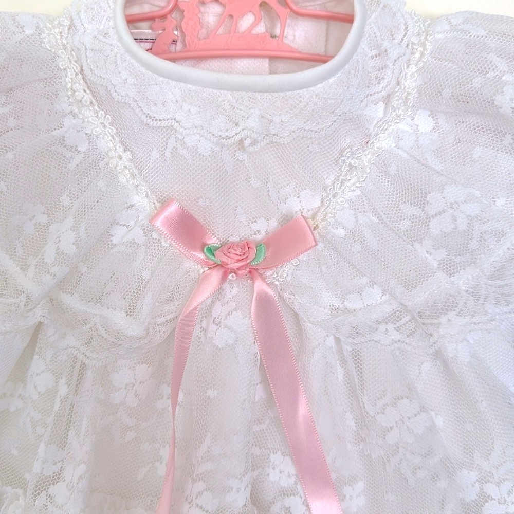 Vintage Mini-Mouche White Lace Ruffle Dress Size 3-6 months Lined Short Sleeves - Picture 2 of 10